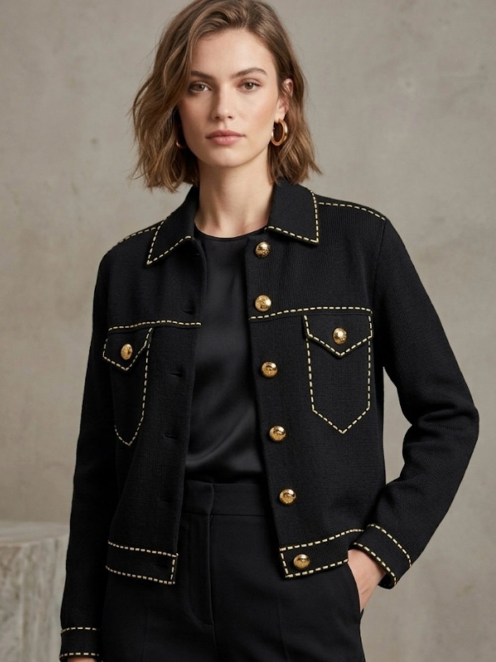 St. John Black Cropped Jacket with Gold Trim and Buttons